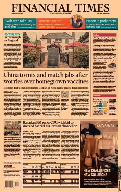 Financial Times (UK) Newspaper Front Page for 12 April 2021