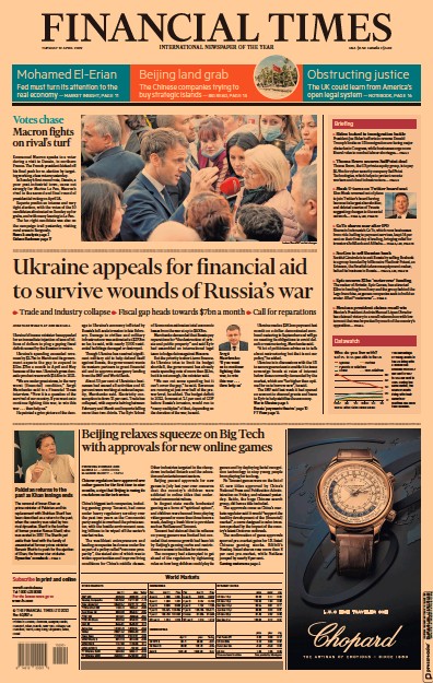 Financial Times (UK) Newspaper Front Page for 12 April 2022