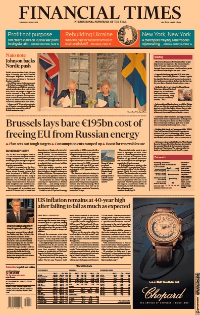 Financial Times (UK) Newspaper Front Page for 12 May 2022