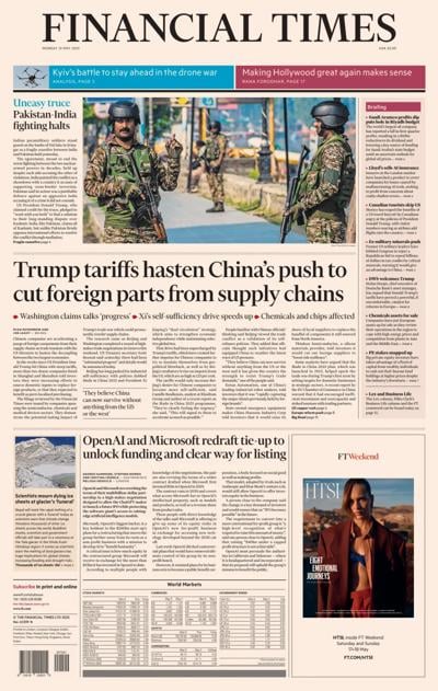 Financial Times (UK) Newspaper Front Page for 12 May 2025