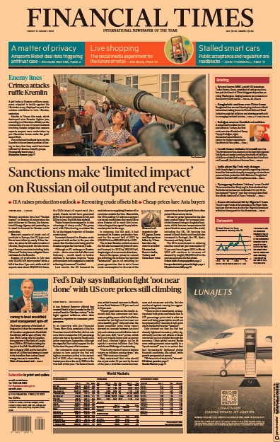 Financial Times (UK) Newspaper Front Page for 12 August 2022