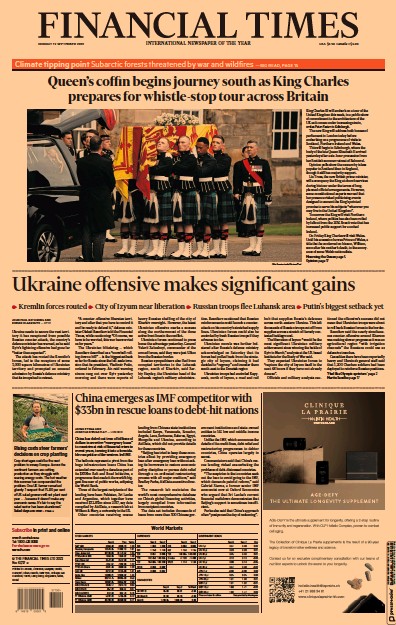 Financial Times (UK) Newspaper Front Page for 12 September 2022