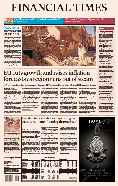 Financial Times (UK) Newspaper Front Page for 12 September 2023