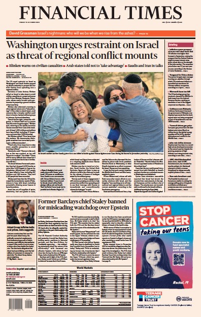 Financial Times (UK) Newspaper Front Page for 13 October 2023