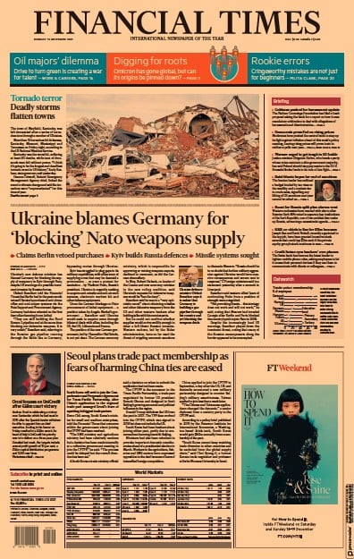 Financial Times (UK) Newspaper Front Page for 13 December 2021