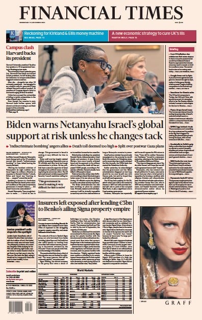 Financial Times Newspaper Front Page for 13 December 2023