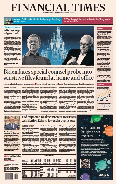 Financial Times (UK) Newspaper Front Page for 13 January 2023