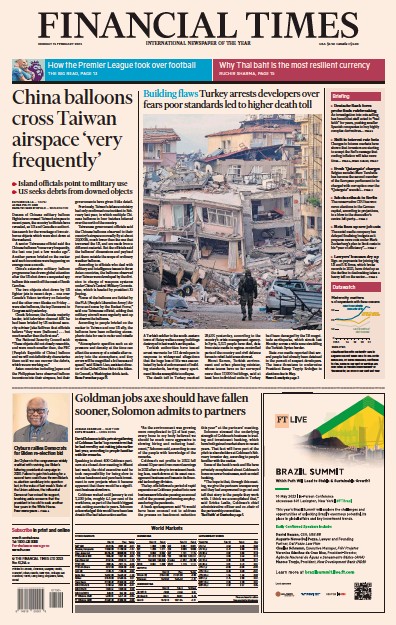 Financial Times (UK) Newspaper Front Page for 13 February 2023