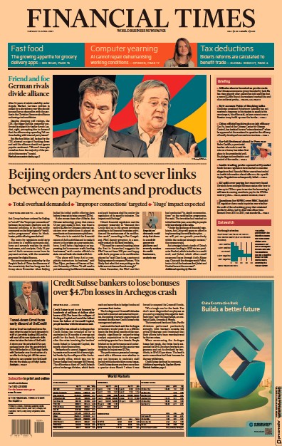 Financial Times (UK) Newspaper Front Page for 13 April 2021
