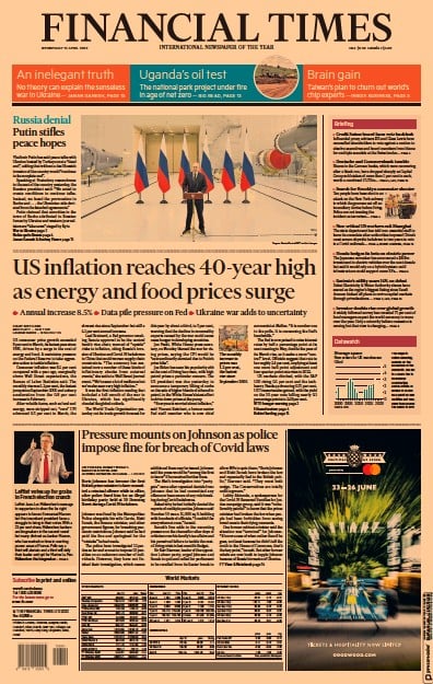 Financial Times Newspaper Front Page for 13 April 2022