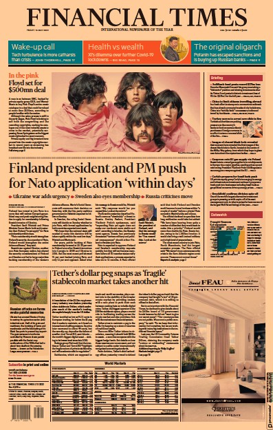 Financial Times (UK) Newspaper Front Page for 13 May 2022