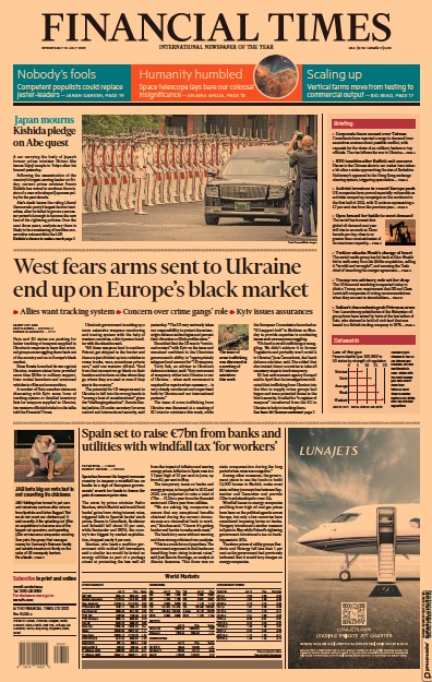 Financial Times (UK) Newspaper Front Page for 13 July 2022