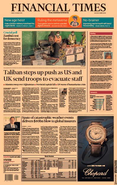 Financial Times (UK) Newspaper Front Page for 13 August 2021