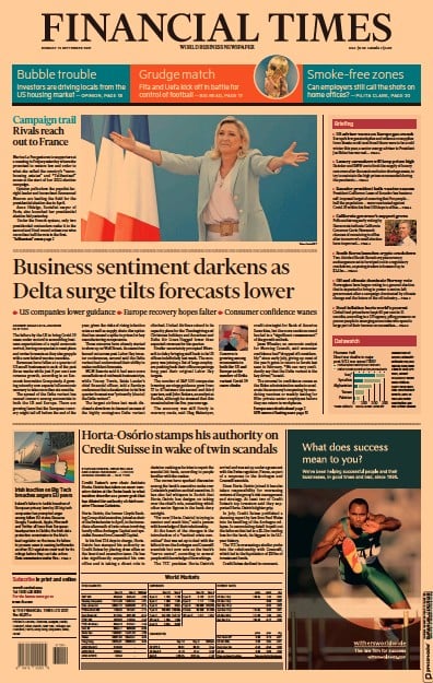 Financial Times (UK) Newspaper Front Page for 13 September 2021