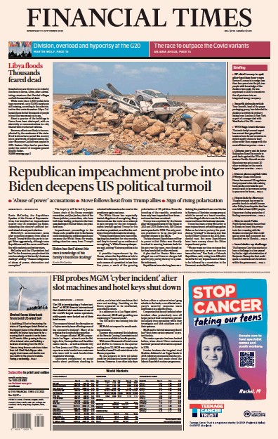Financial Times (UK) Newspaper Front Page for 13 September 2023