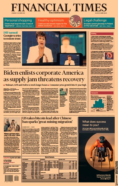 Financial Times (UK) Newspaper Front Page for 14 October 2021