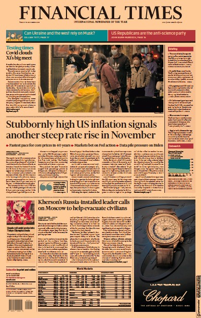 Financial Times Newspaper Front Page for 14 October 2022