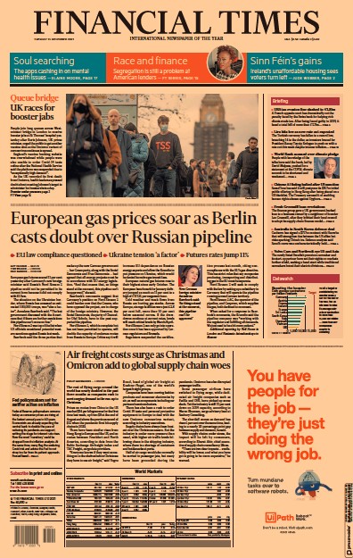 Financial Times (UK) Newspaper Front Page for 14 December 2021