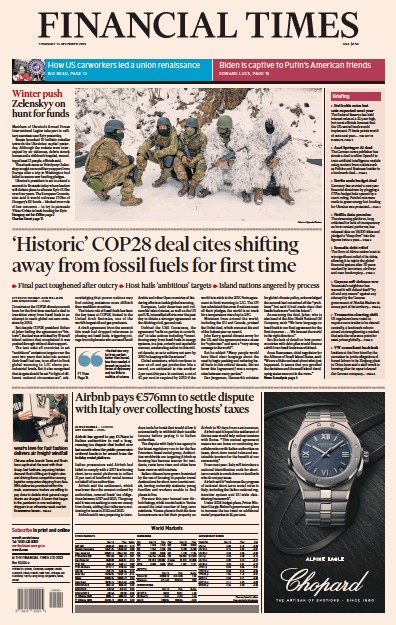 Financial Times Newspaper Front Page for 14 December 2023