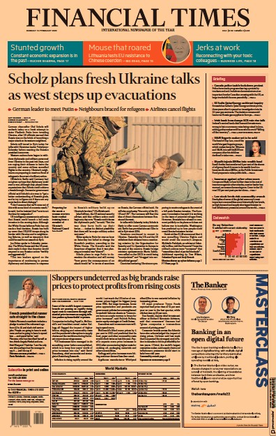 Financial Times Newspaper Front Page for 14 February 2022