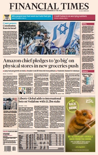 Financial Times (UK) Newspaper Front Page for 14 February 2023