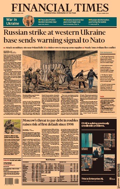 Financial Times Newspaper Front Page for 14 March 2022