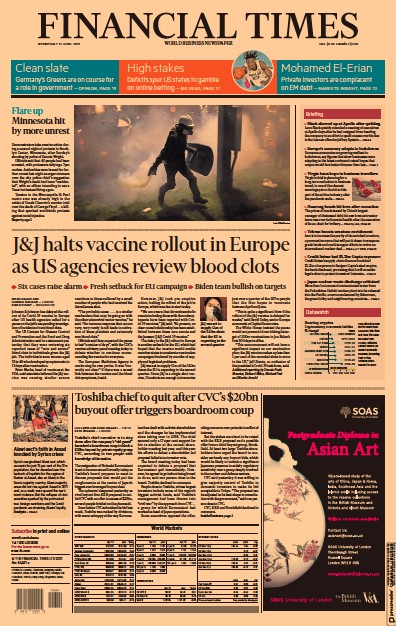 Financial Times (UK) Newspaper Front Page for 14 April 2021