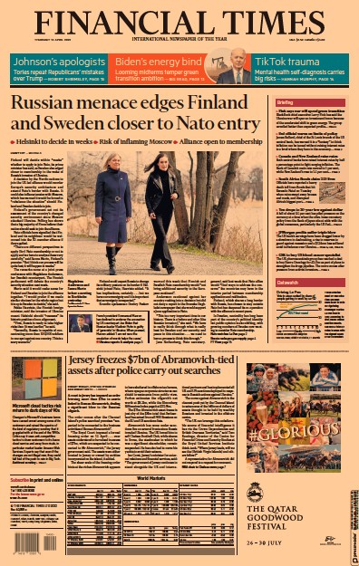 Financial Times Newspaper Front Page for 14 April 2022