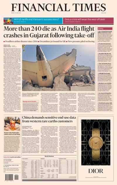 Financial Times (UK) Newspaper Front Page for 14 June 2025