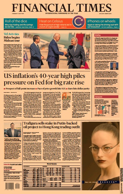 Financial Times (UK) Newspaper Front Page for 14 July 2022