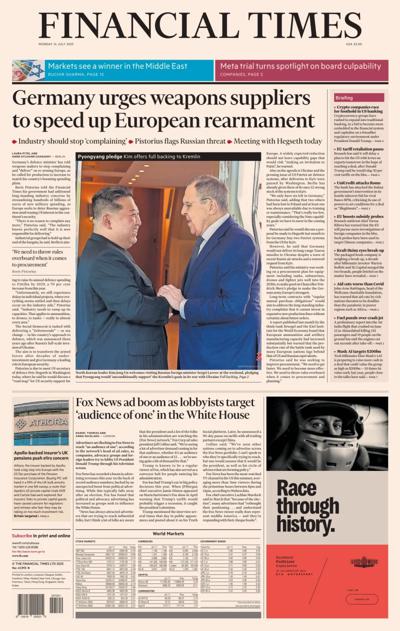 Financial Times (UK) Newspaper Front Page for 14 July 2025