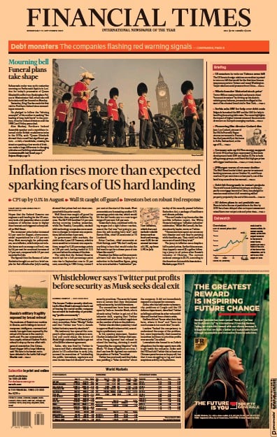 Financial Times (UK) Newspaper Front Page for 14 September 2022