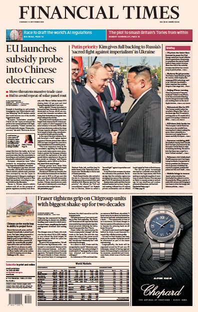 Financial Times (UK) Newspaper Front Page for 14 September 2023