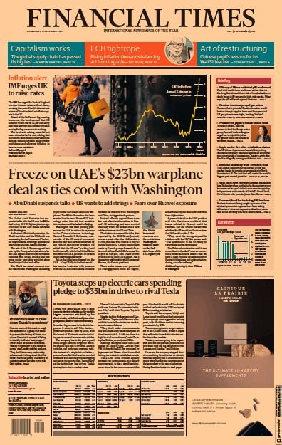 Financial Times (UK) Newspaper Front Page for 15 December 2021