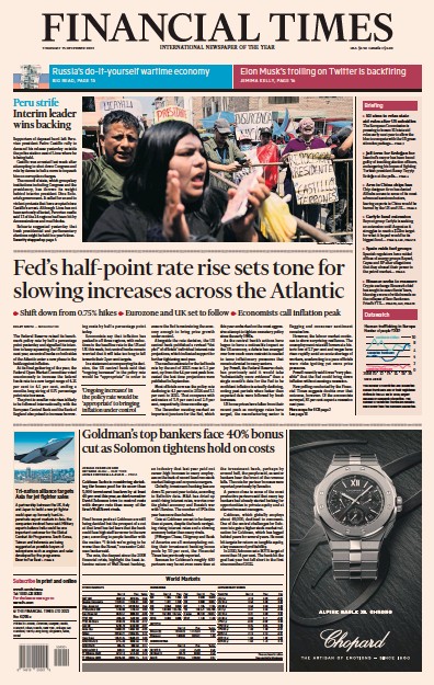 Financial Times Newspaper Front Page for 15 December 2022