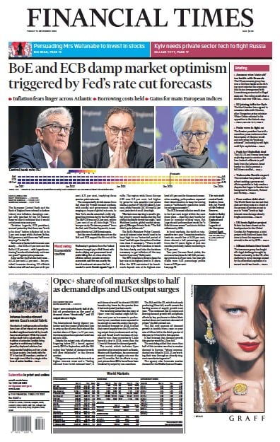 Financial Times Newspaper Front Page for 15 December 2023