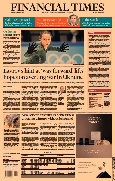 Financial Times Newspaper Front Page for 15 February 2022