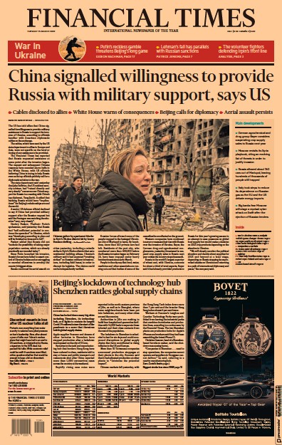 Financial Times Newspaper Front Page for 15 March 2022
