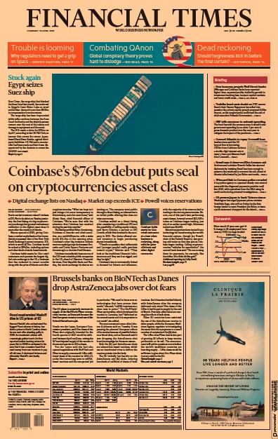 Financial Times (UK) Newspaper Front Page for 15 April 2021