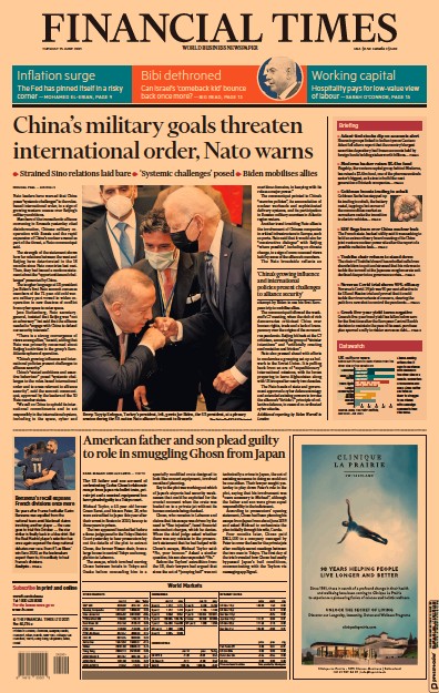 Financial Times (UK) Newspaper Front Page for 15 June 2021