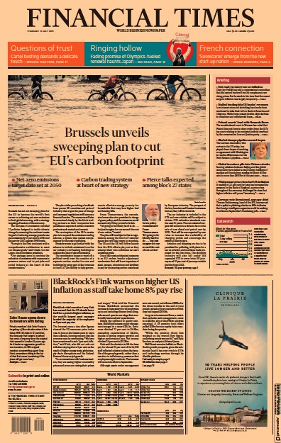 Financial Times (UK) Newspaper Front Page for 15 July 2021