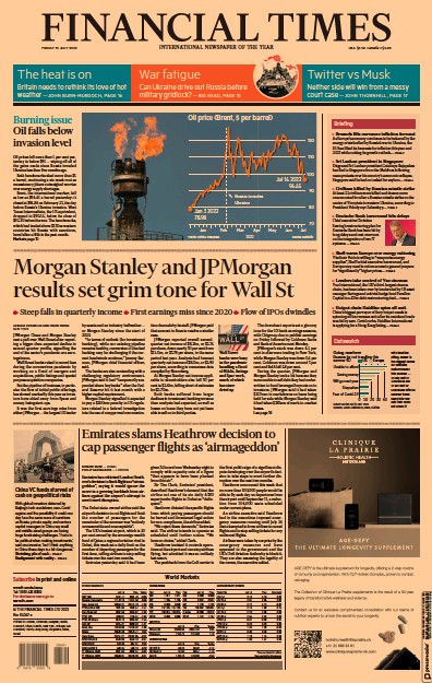 Financial Times (UK) Newspaper Front Page for 15 July 2022