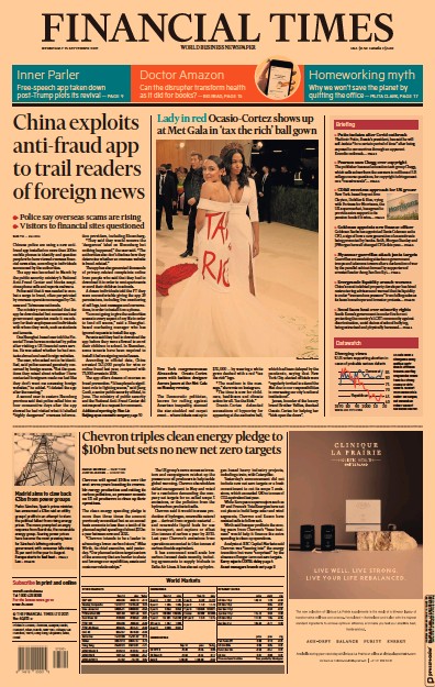Financial Times (UK) Newspaper Front Page for 15 September 2021