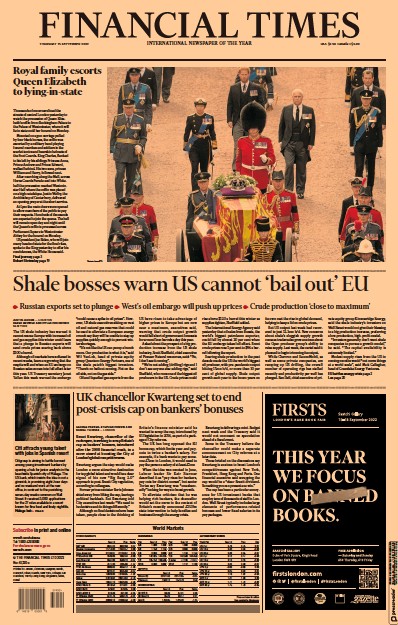 Financial Times (UK) Newspaper Front Page for 15 September 2022