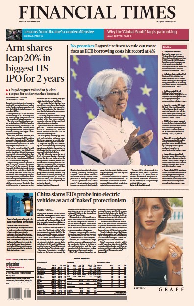 Financial Times (UK) Newspaper Front Page for 15 September 2023