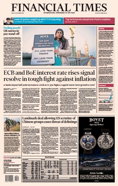 Financial Times (UK) Newspaper Front Page for 16 December 2022