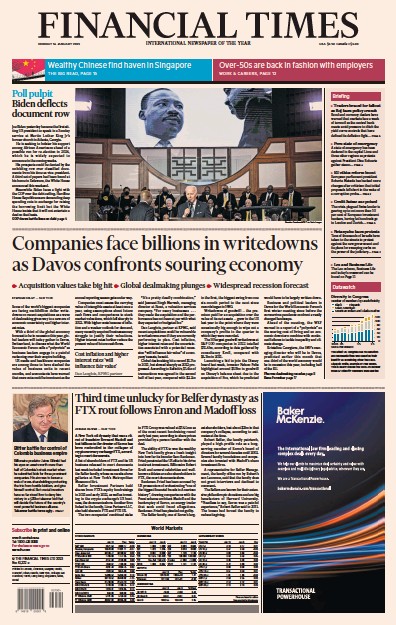 Financial Times (UK) Newspaper Front Page for 16 January 2023