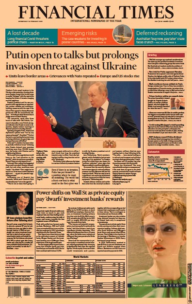 Financial Times Newspaper Front Page for 16 February 2022