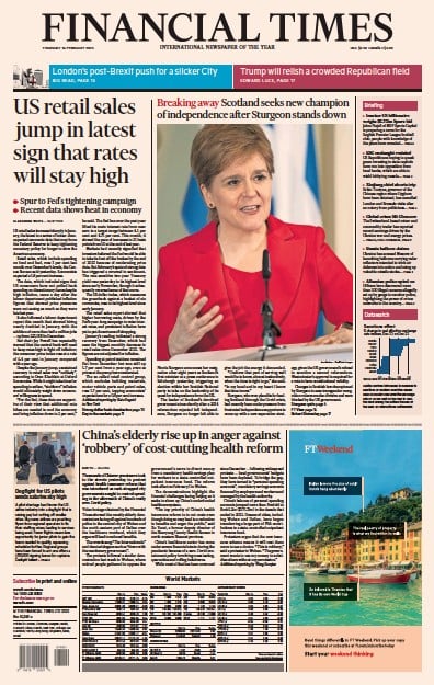 Financial Times (UK) Newspaper Front Page for 16 February 2023