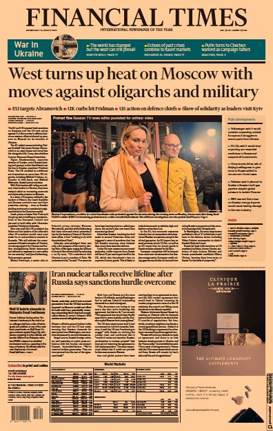 Financial Times Newspaper Front Page for 16 March 2022